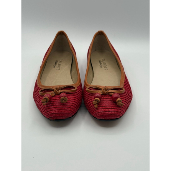 Talbots Red Woven Ballet Flats 6.5B Handmade in Brazil, Leather Sole, Beaded Bow - Picture 2 of 7